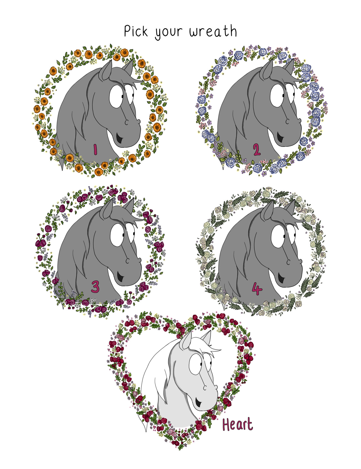 Personalise a Pony wreath options by Emily Cole Illustrations.