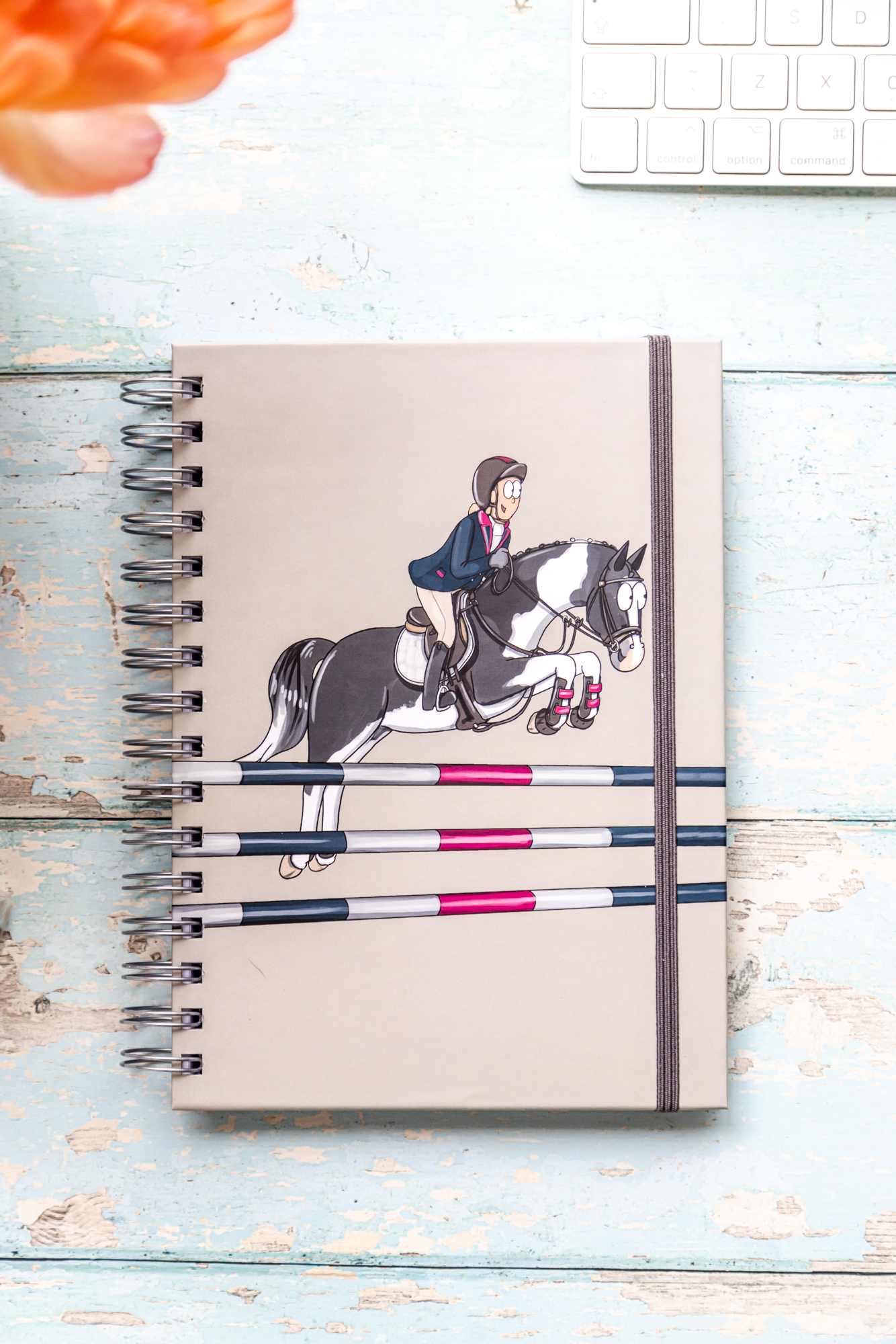 Hardback A4 notebooks with Piebald horse showjumping with rider.