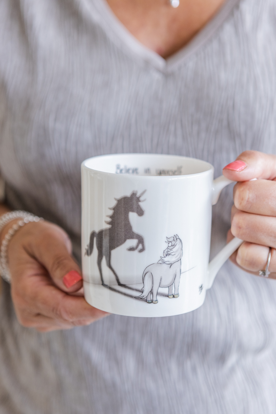 Grey Horse Fine Bone China Mug Design with Unicorn Shadow.