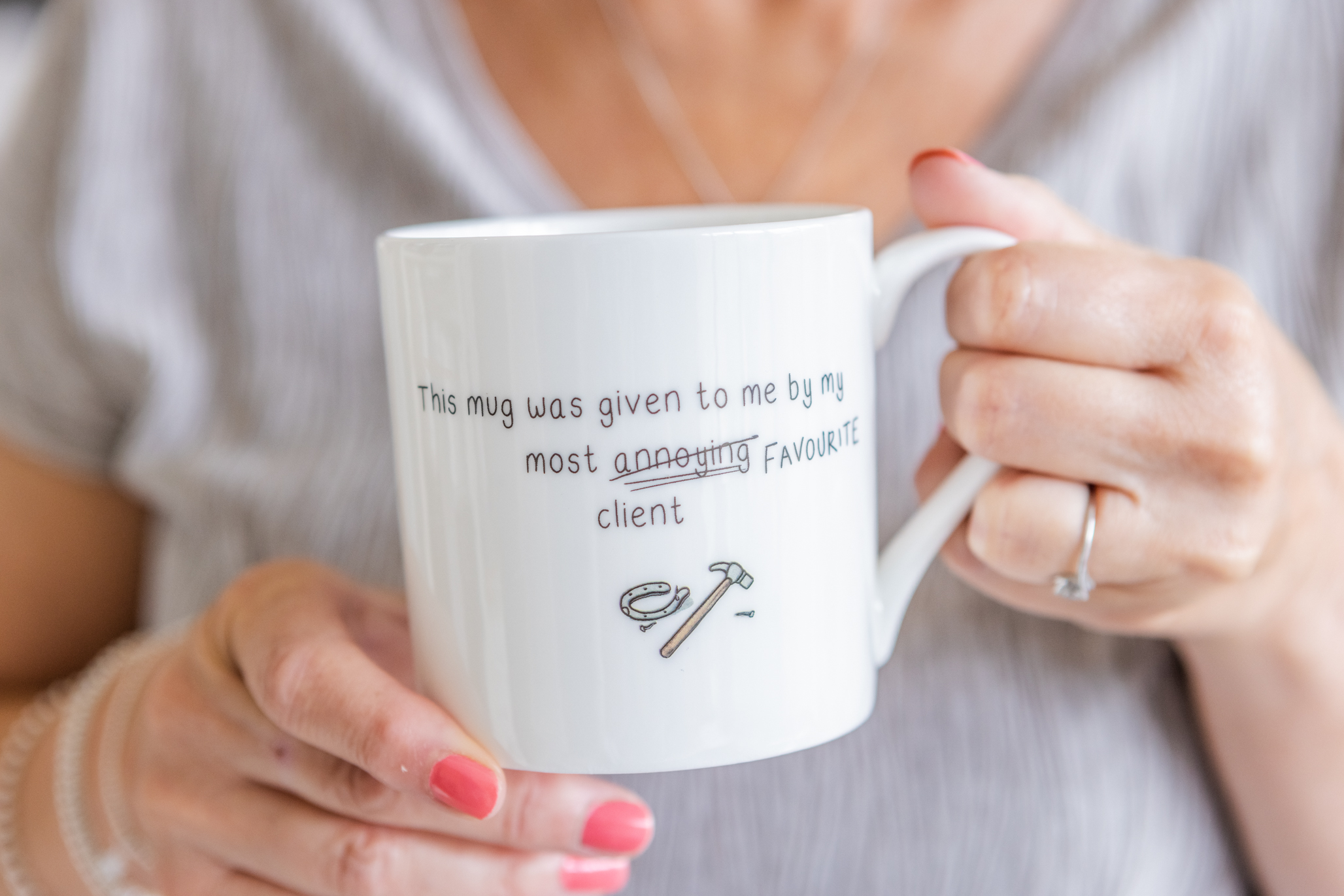 Writing on the reverse of Emily Cole Illustrations 'Favourite Client' Fine Bone China Mug - ' This Mug was given to me by my most 'Annoying' Favourite Client