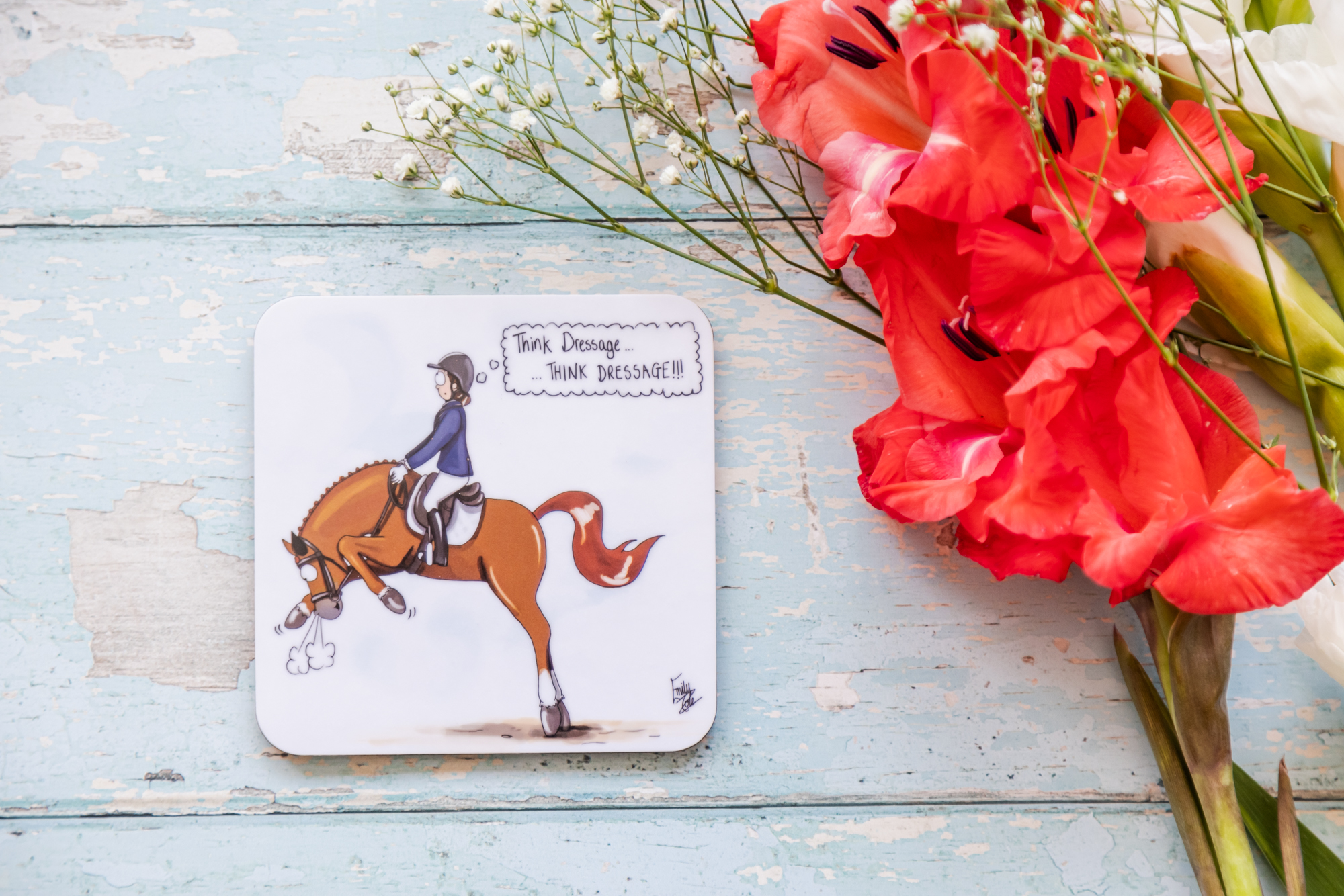 Think Dressage horse melamine coaster by Emily Cole Illustrations