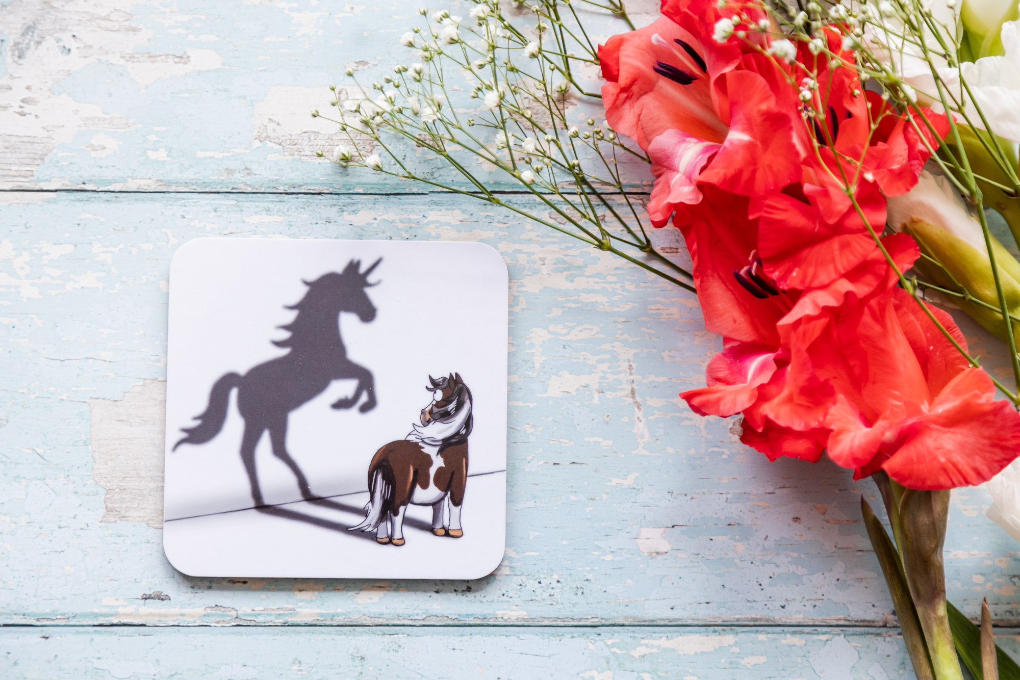 believe in yourself skewbald horse melamine coaster by Emily Cole Illustrations