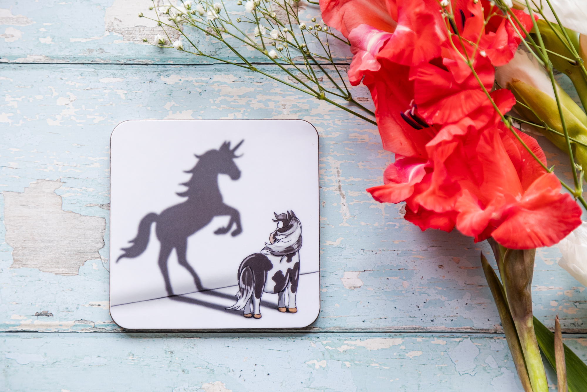 believe in yourself piebald horse melamine coaster by Emily Cole Illustrations