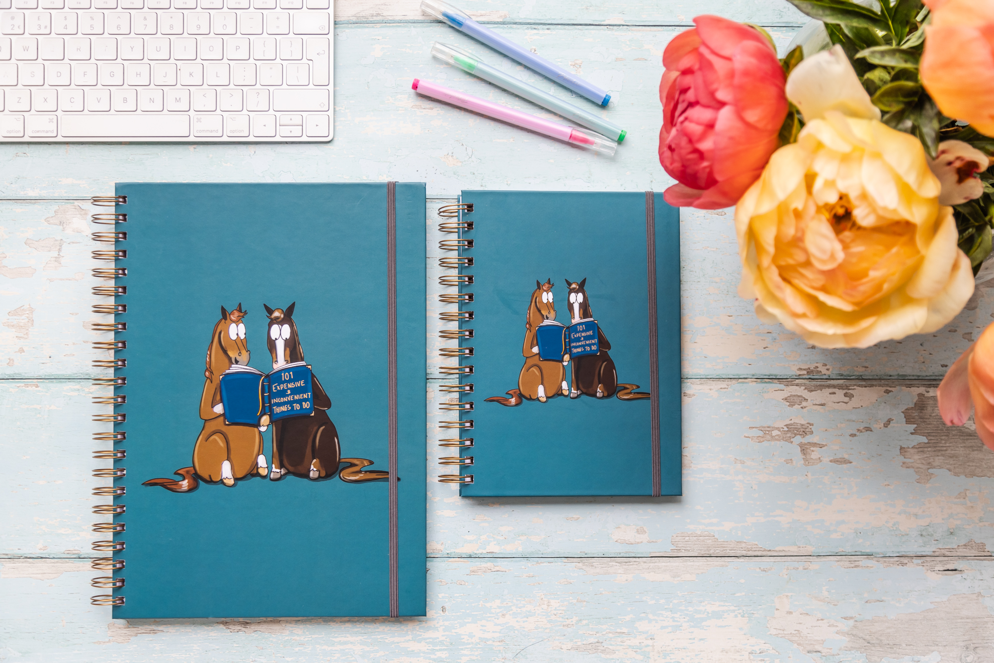 A4 and A5 hardback dotted notebook. Two horses reading a book titled '101 expensive and inconvenient things to do'