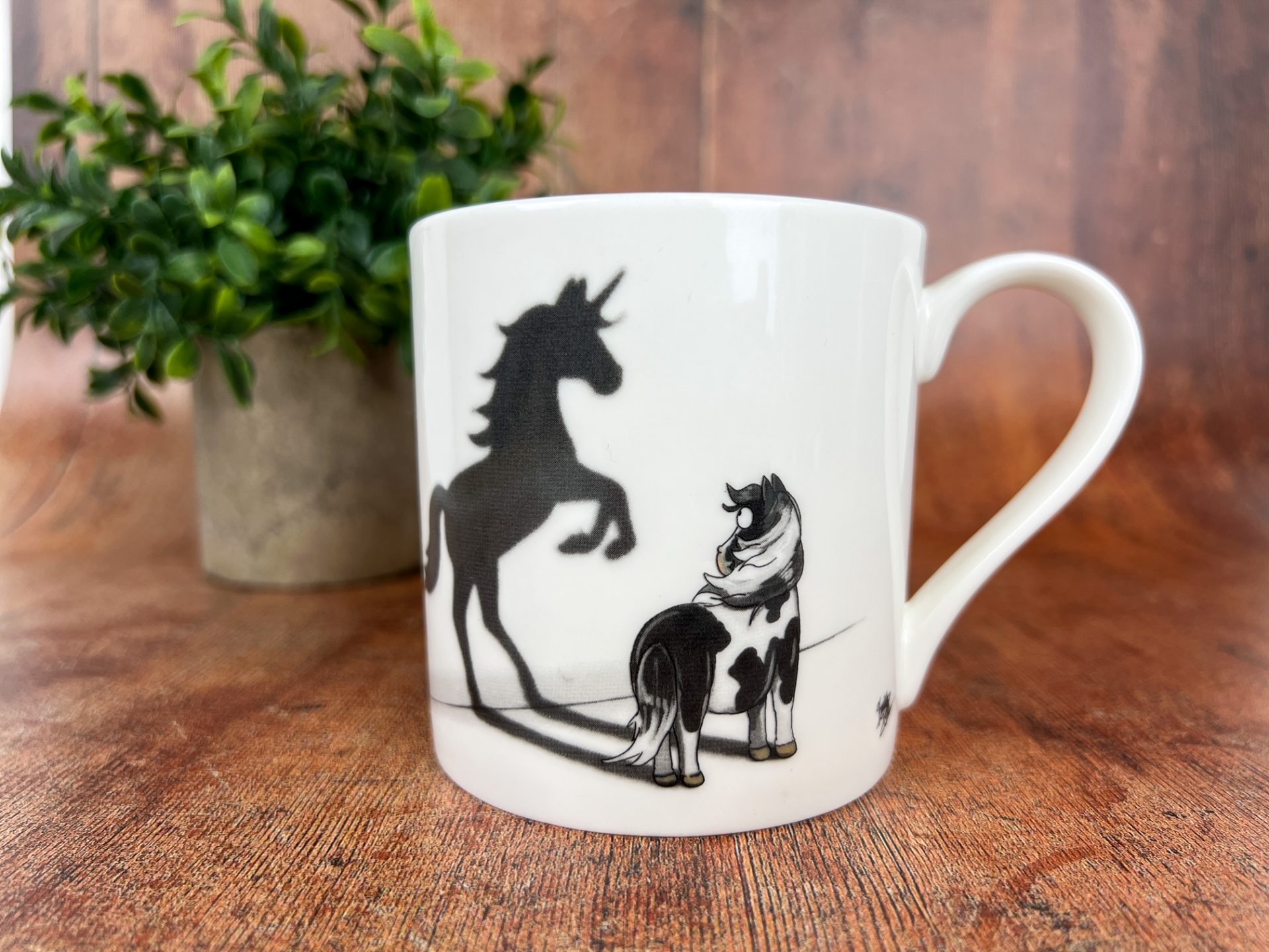 Believe in Yourself Mug. Piebald pony and unicorn shadow