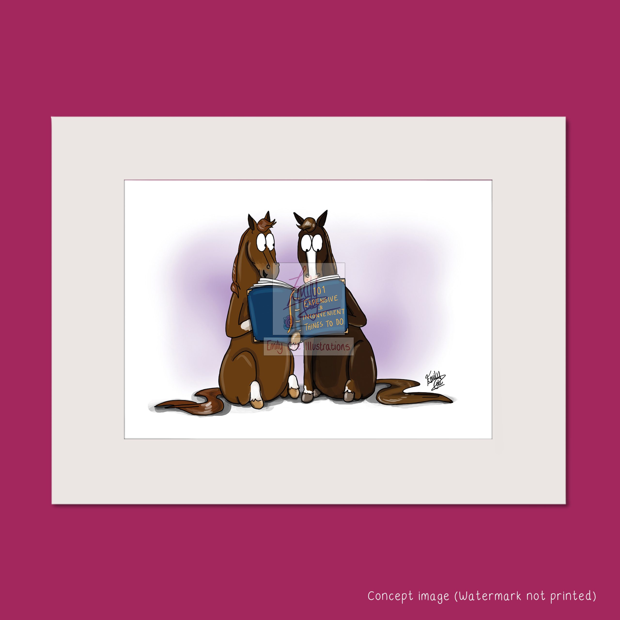 two horses sat reading a big book titled'101 Expensive & inconvenient things to do'