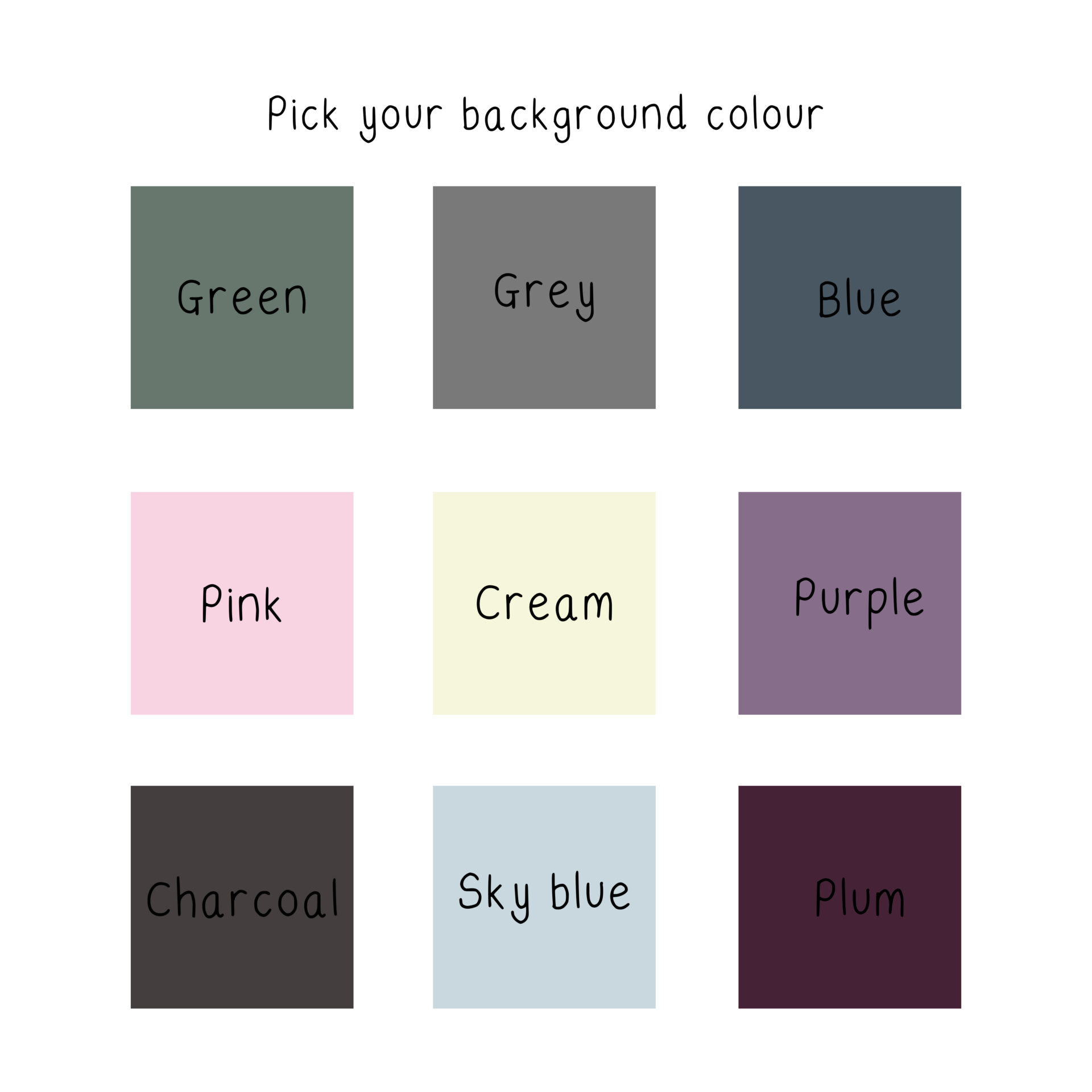 Background colur options for original personalise a pony prints.