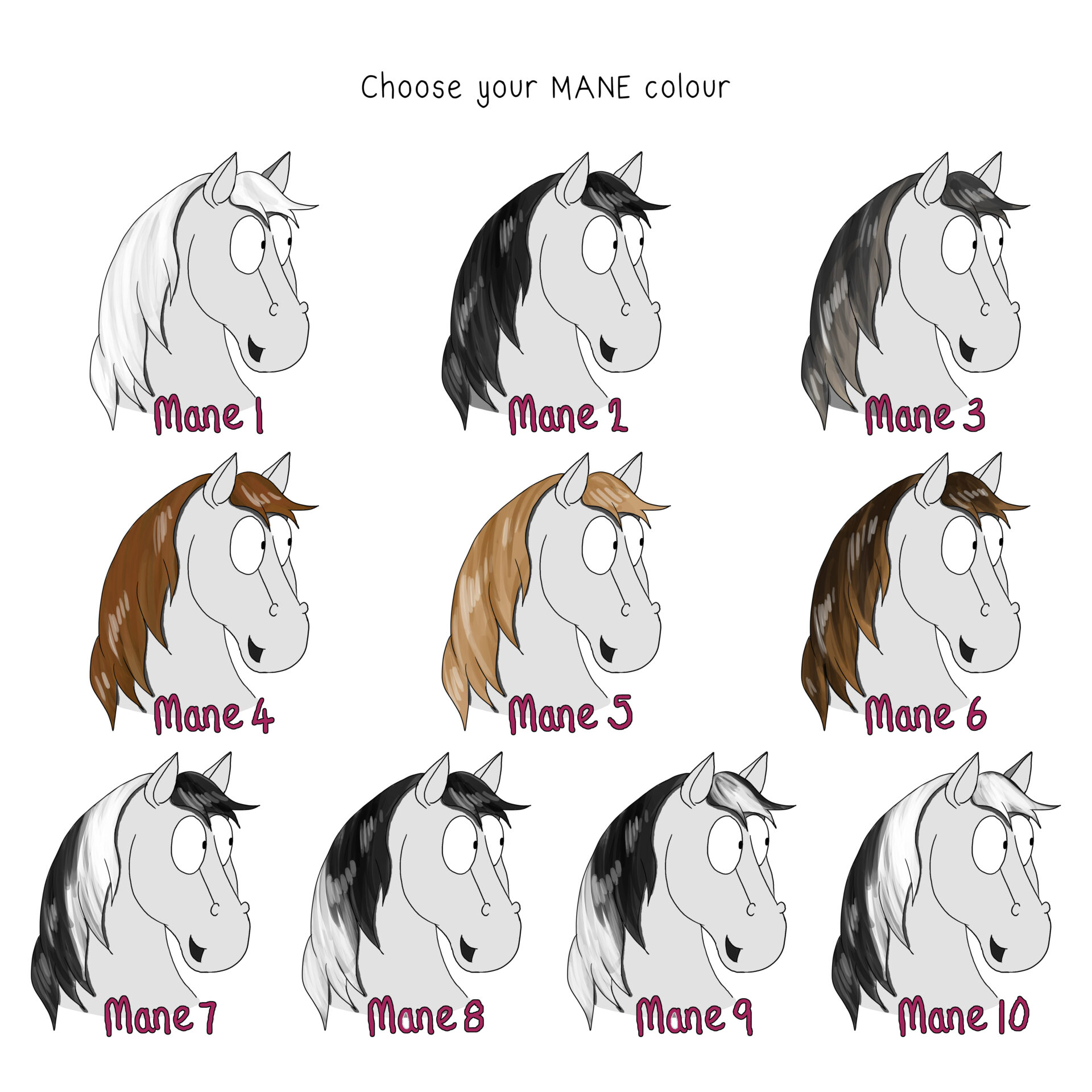 Custom Horse Illustration, long mane colour options.