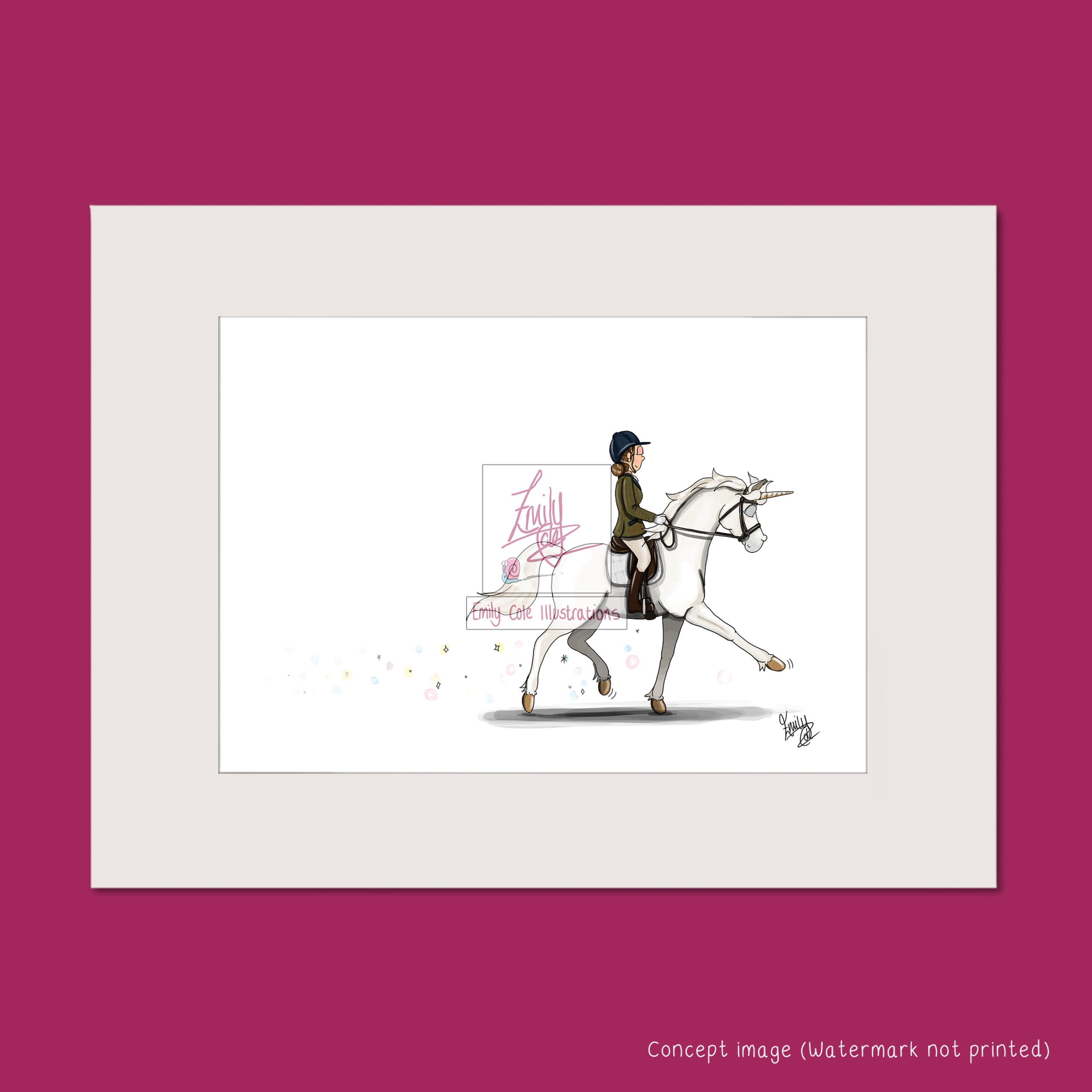 Mounted print showing a white unicorn and rider doing dressage