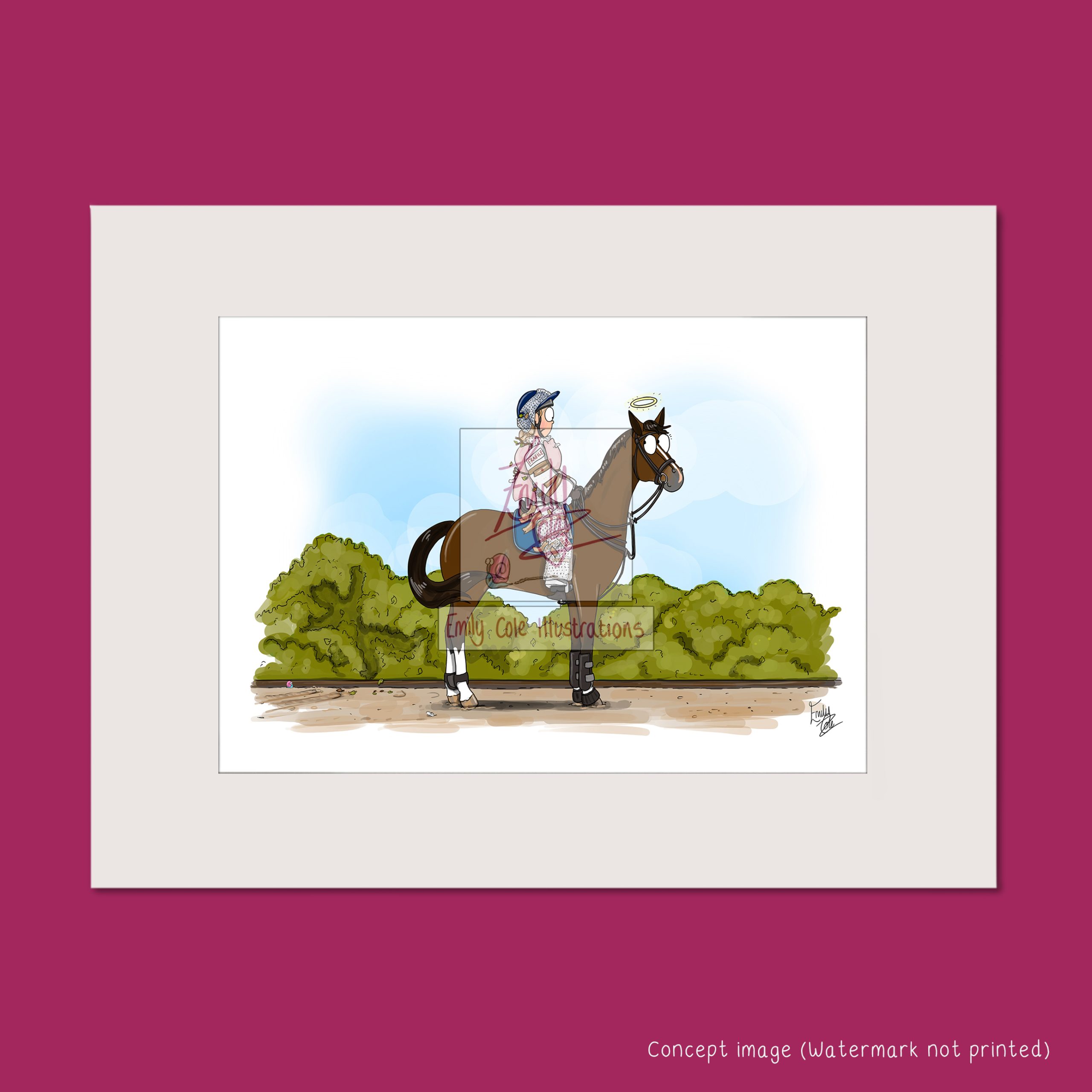 A horse with a rider on board covered in bubble wrap. The horse has a halo floating above its head