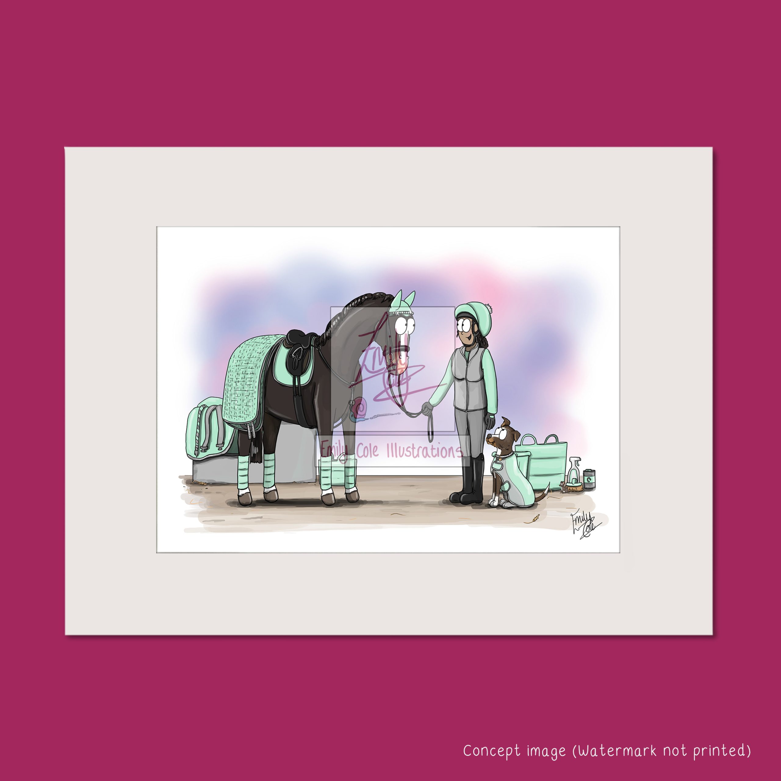 Horse, sitting dog and rider all wearing matching mint green clothes