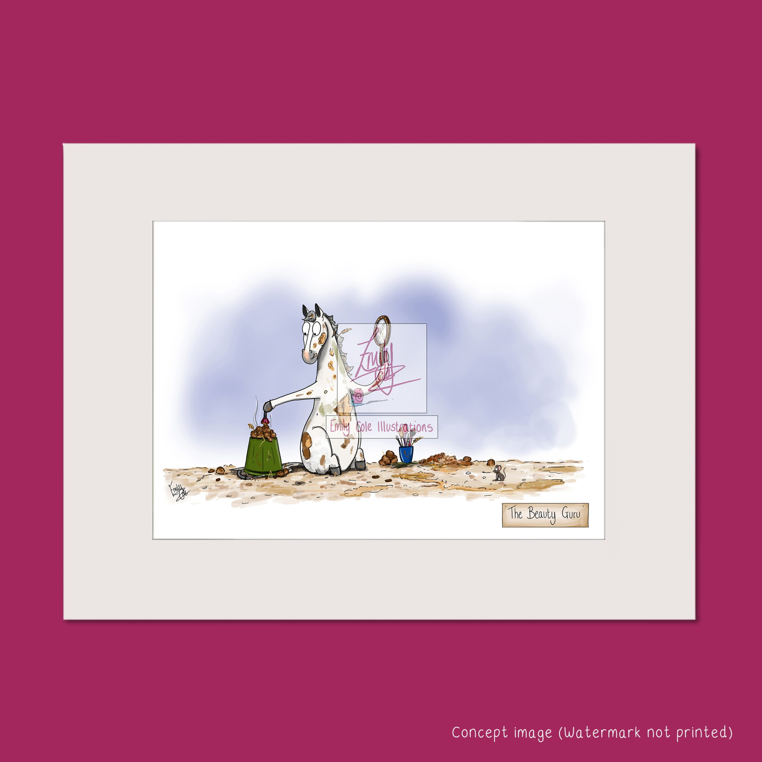 Mounted art print showing a white horse applying horse poo like makeup