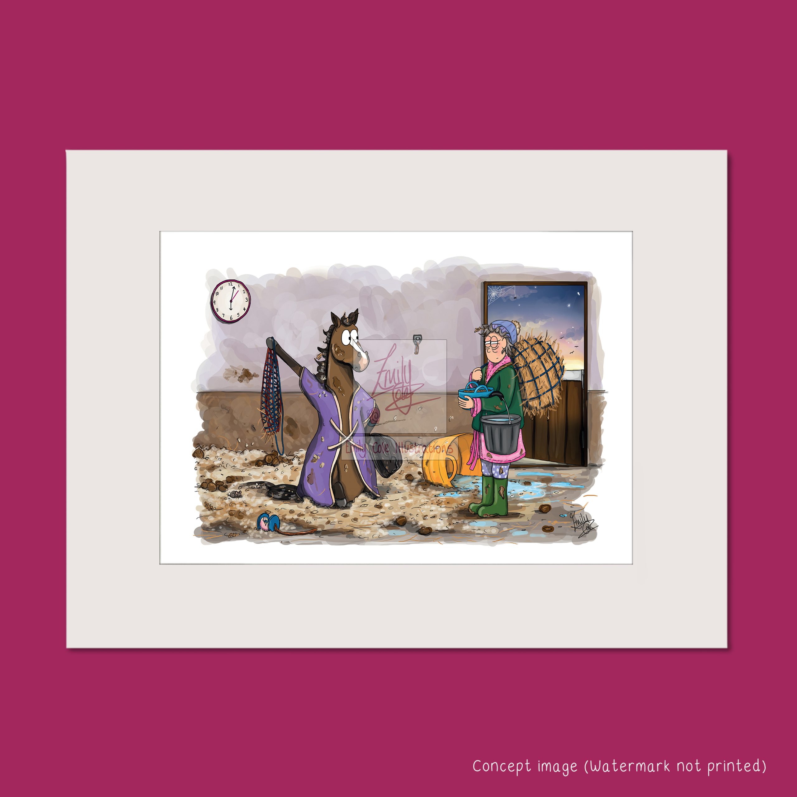 Mounted print showing a horse being impatient at their owner that has arrived a minute late