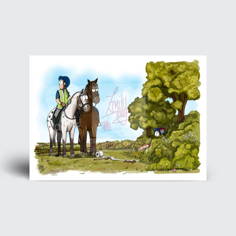 Caught short funny horse riding greeting card by Emily Cole Illustrations