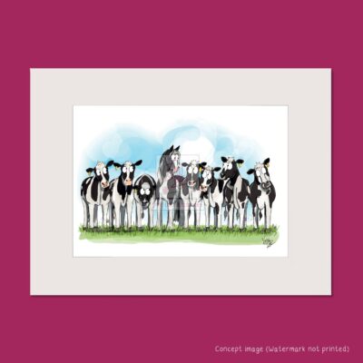 Black and white cows with a piebald horse stood in a row