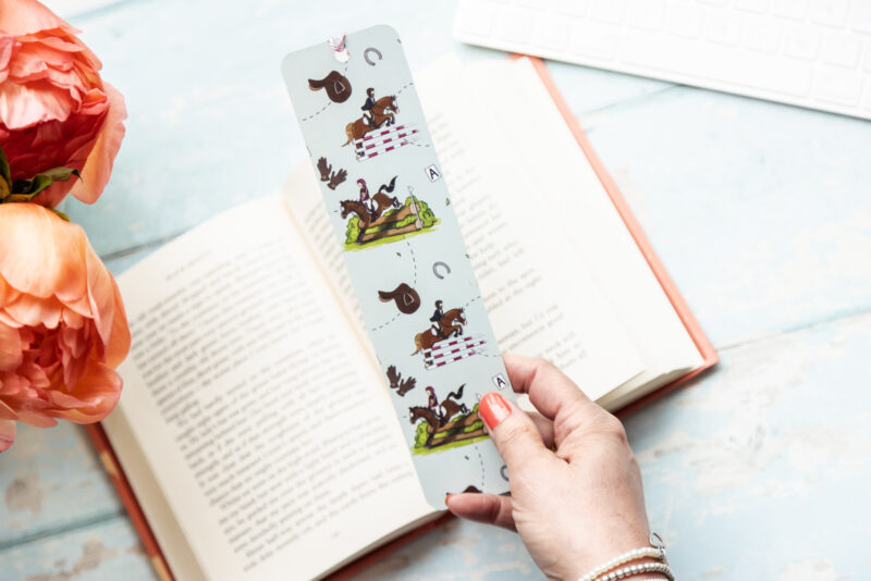 Sage Green Silk card Event Horse, eventing Bookmark. Featuring the eventing pattern by Emily Cole.