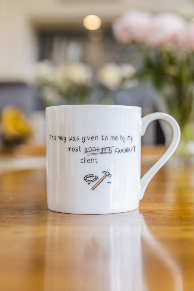 Writing on the reverse of Emily Cole Illustrations 'Favourite Client' Fine Bone China Mug - ' This Mug was given to me by my most 'Annoying' Favourite Client