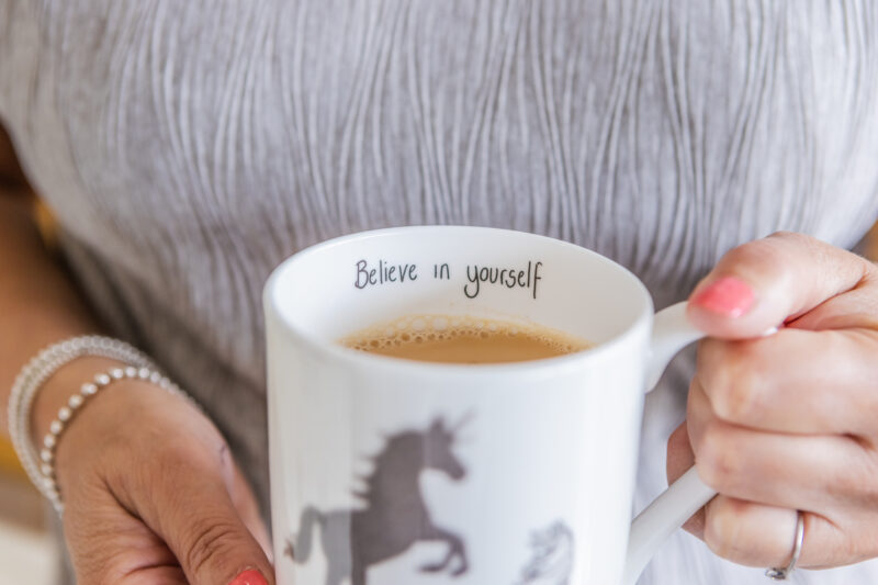 Believe in Yourself Printed along the Inside Rim of Fine Bone China Grey Horse Mug.