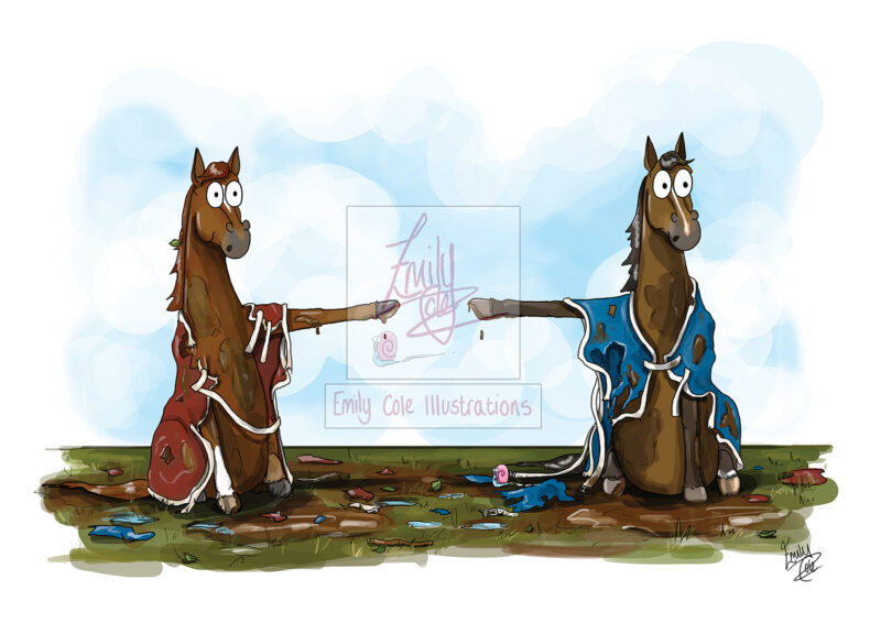 Two horses in destroyed rugs pointing at eachother.