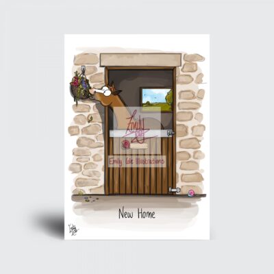 Horse looking out of stable door eating a flowers from a hanging basket. Captioned with 'New Home'