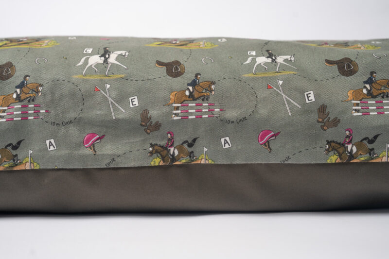 Close up of the Green, Eventing pattern deep filled, orthopedic dog beds designed by Emily Cole Illustrations. Manufactured by Designed for Dogs.