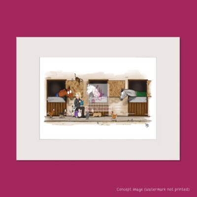 Mounted art print showing horse owner eating food with three horses in stables and other animals trying to reach the food