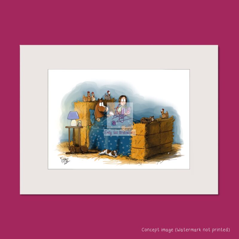 Mounted print showing a chestnut horse lying in bed, surrounded by other sleeping farm yard animals while the owner reads a story