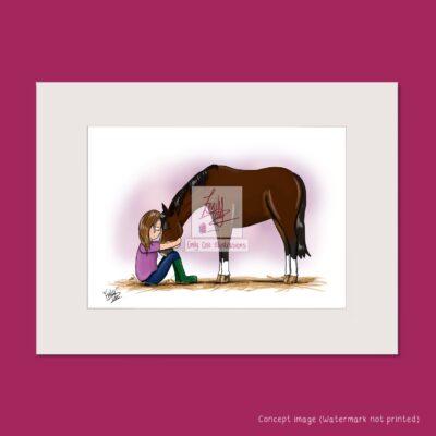 Girl sat on floor crying being hugging a horse stood up with head in her lap