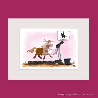 small chestnut pony wearing sweatband and running on a treadmill. Looking at a poster of dressage horse valegro.