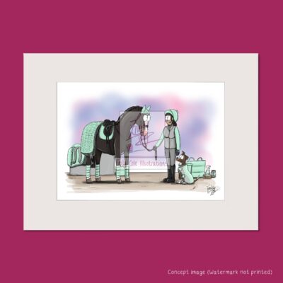 Horse, sitting dog and rider all wearing matching mint green clothes
