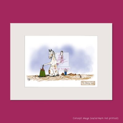 Mounted art print showing a white horse applying horse poo like makeup