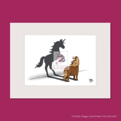 Small flaxen shetland pony smiling as their shadow which shows a rearing unicorn