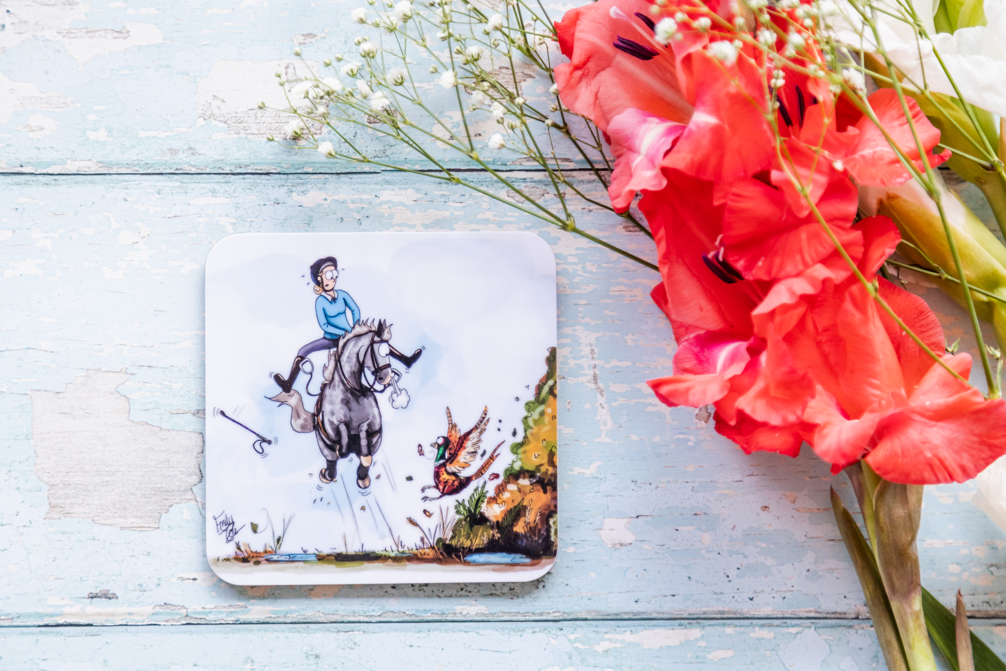 A pheasant greeting horse melamine coaster by Emily Cole Illustrations