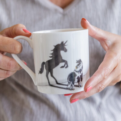 Believe in Yourself Mug. Piebald pony and unicorn shadow.