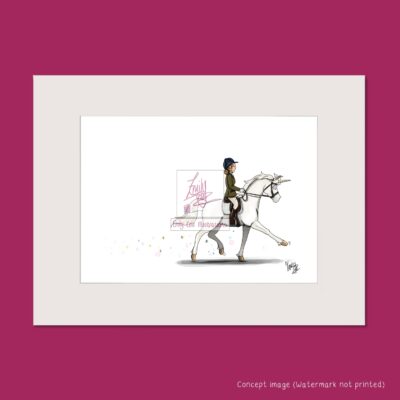 Mounted print showing a white unicorn and rider doing dressage