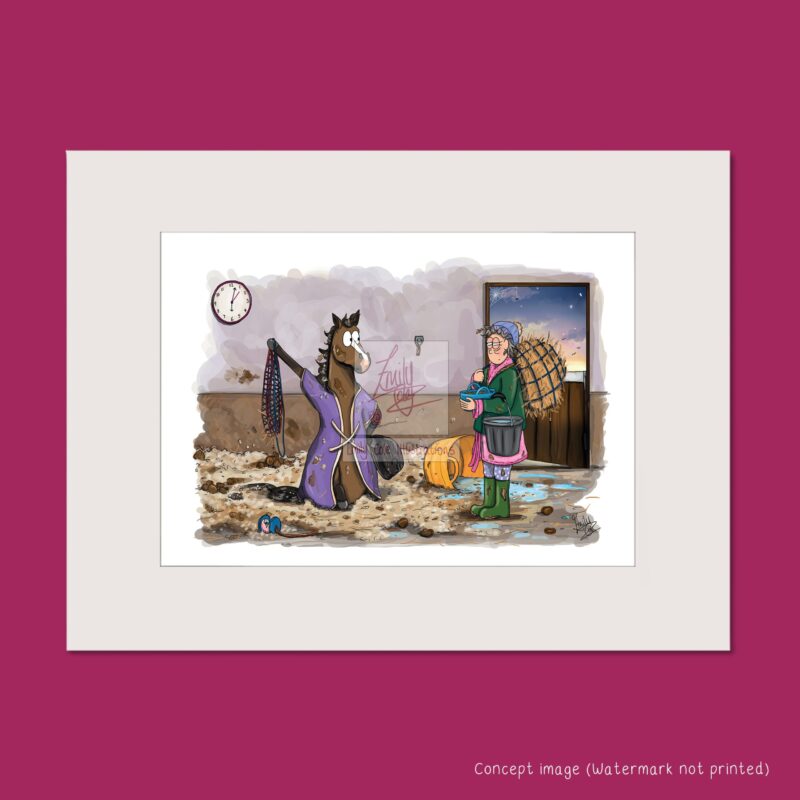 Mounted print showing a horse being impatient at their owner that has arrived a minute late