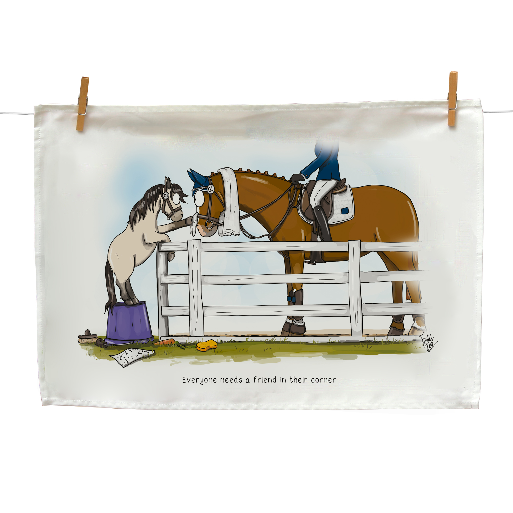 Everyone needs a friend tea towel by Emily Cole Illustrations. Featuring a Dun pony and Chestnut Horse