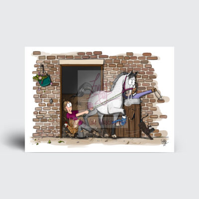 'Bursting Forth' Horse Greeting Card. Flea Bitten Grey horse bursting out of stable door causing chaos with handler hanging on.