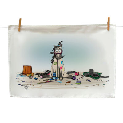 Pony Camp inspired Tea Towel featuring Sugarplum the Dun Shetland Pony amid a sea of summer holiday fun.