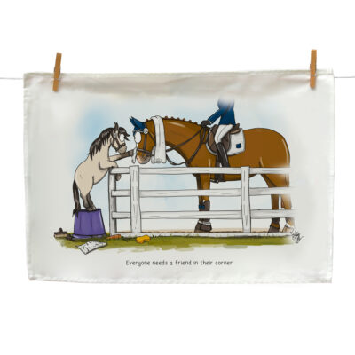Everyone needs a friend tea towel by Emily Cole Illustrations. Featuring a Dun pony and Chestnut Horse