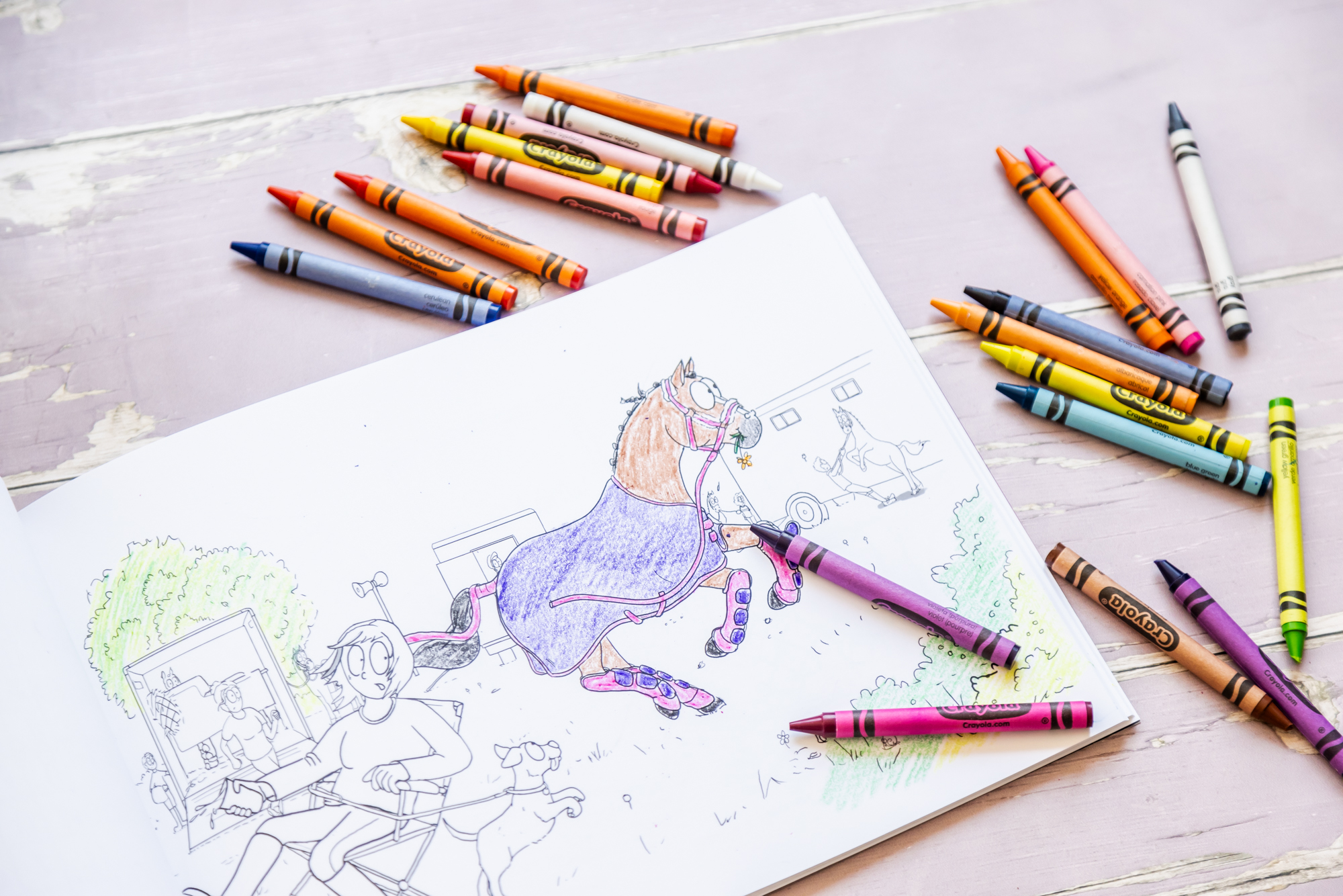 Illustrated horse-themed activity book filled with puzzles, coloring pages, and fun facts for kids.