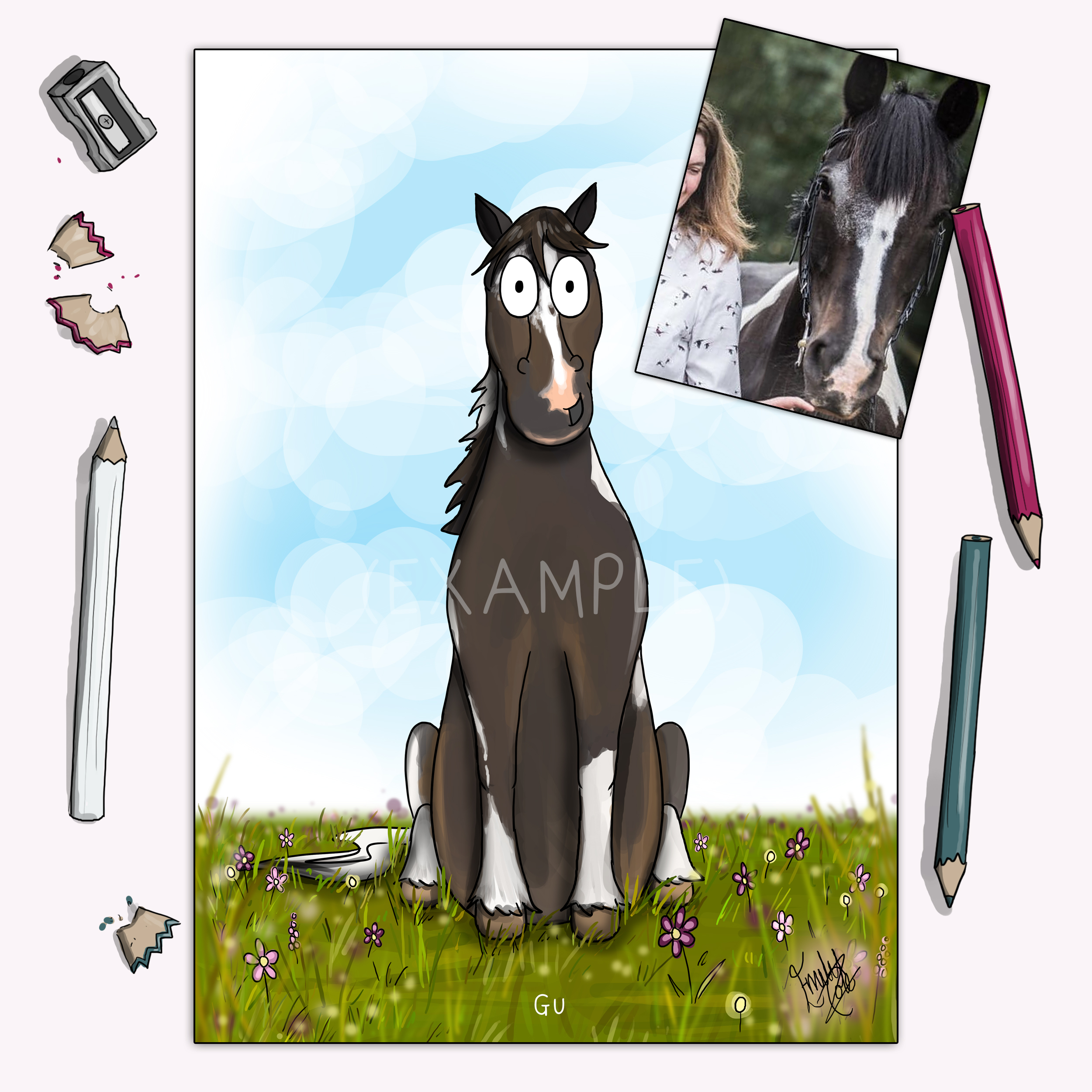 Personalised horse drawing - bespoke colour print by Emily cole illustrations example