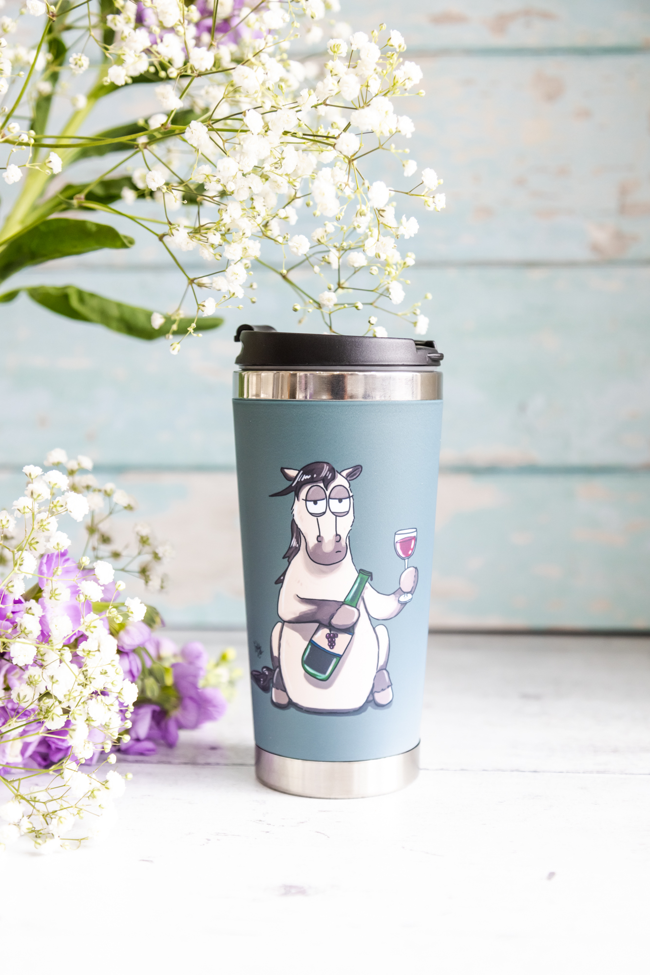 Pass me the wine Travel Mug horse design by Emily Cole Illustrations