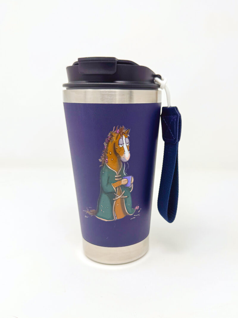 Not a morning pony funny horse travel mug by Emily Cole Illustrations with fabric strap