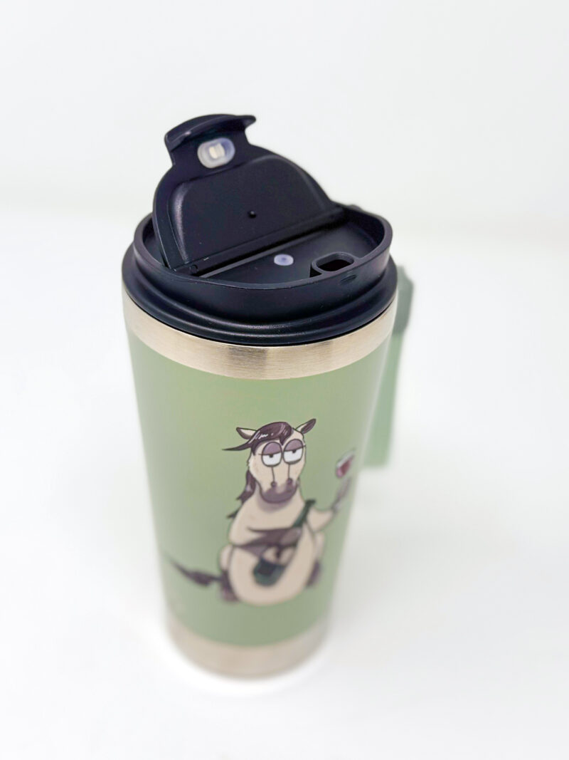 Pass the wine funny horse green travel mug with fabric carry handle by Emily Cole Illustrations