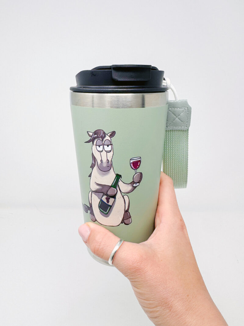 Pass the wine funny horse green travel mug with fabric carry handle by Emily Cole Illustrations handheld