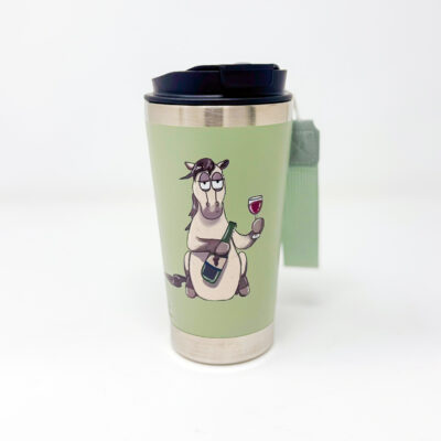 Pass the wine funny horse sugarplum the pony green travel mug with fabric carry handle by Emily Cole Illustrations