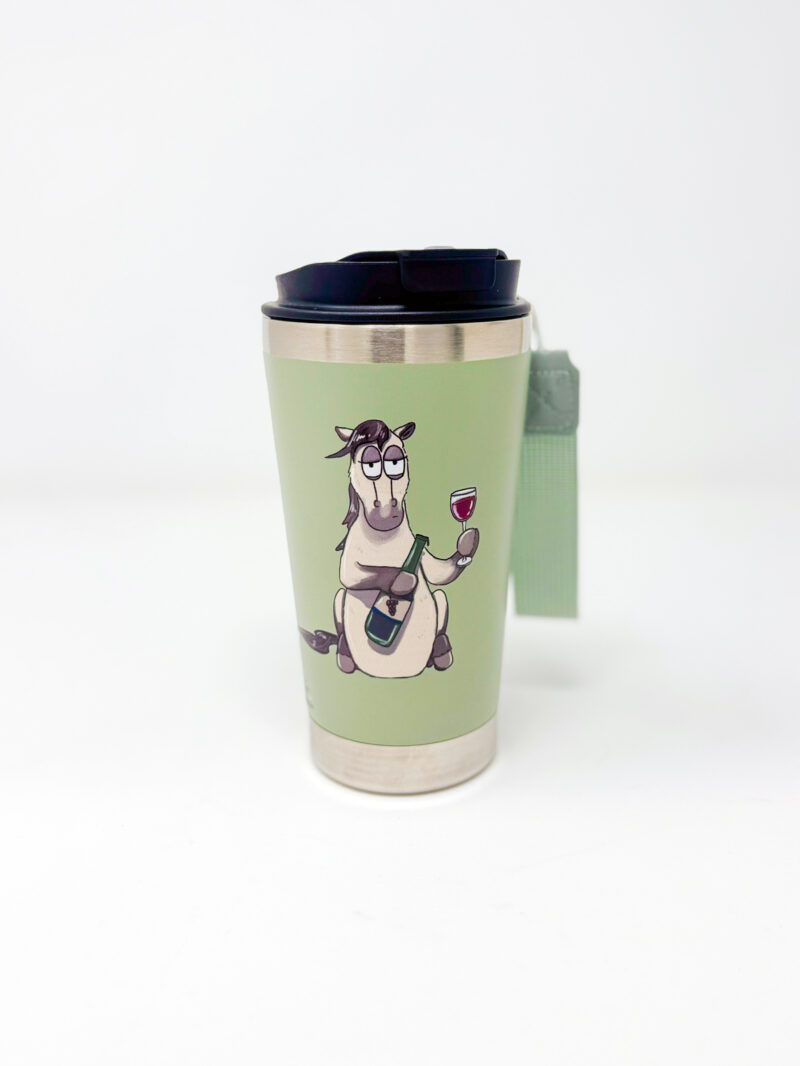 Pass the wine funny horse sugarplum the pony green travel mug with fabric carry handle by Emily Cole Illustrations