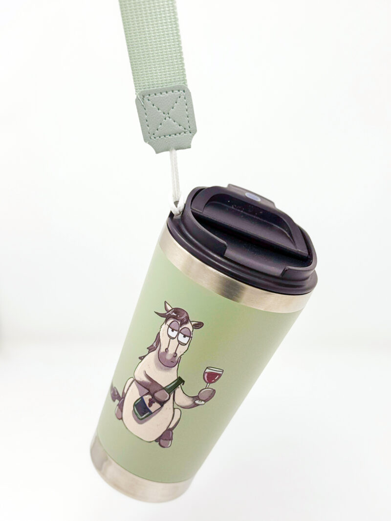 Pass the wine green travel mug with fabric carry handle by Emily Cole Illustrations