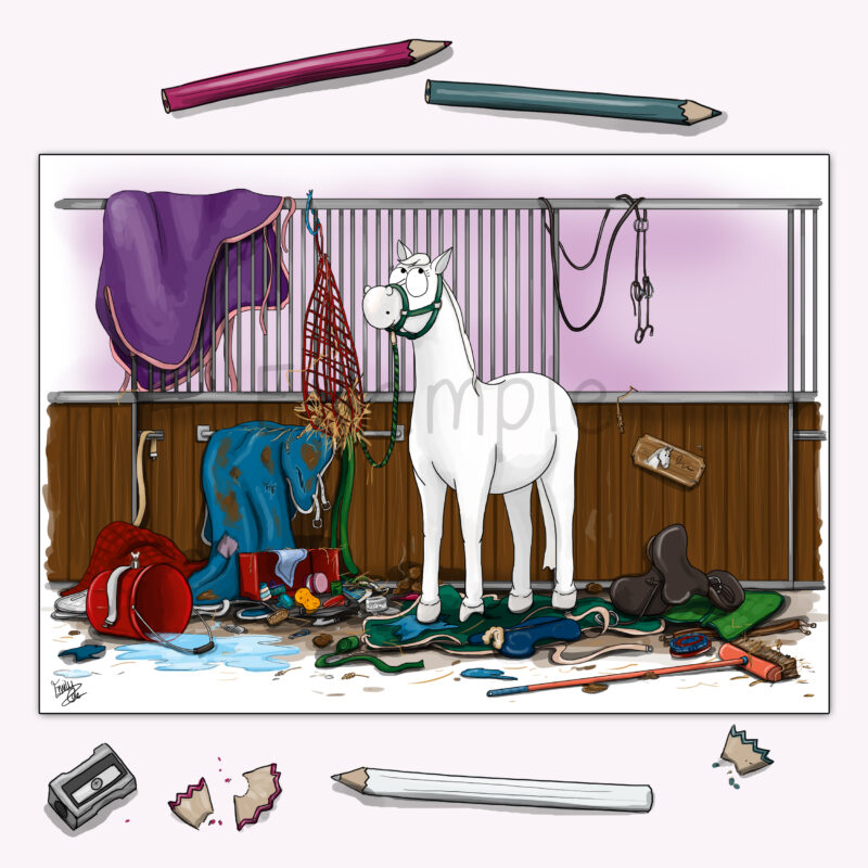 Personalised horse drawing - unexplained mess - bespoke colour print by Emily cole illustrations example